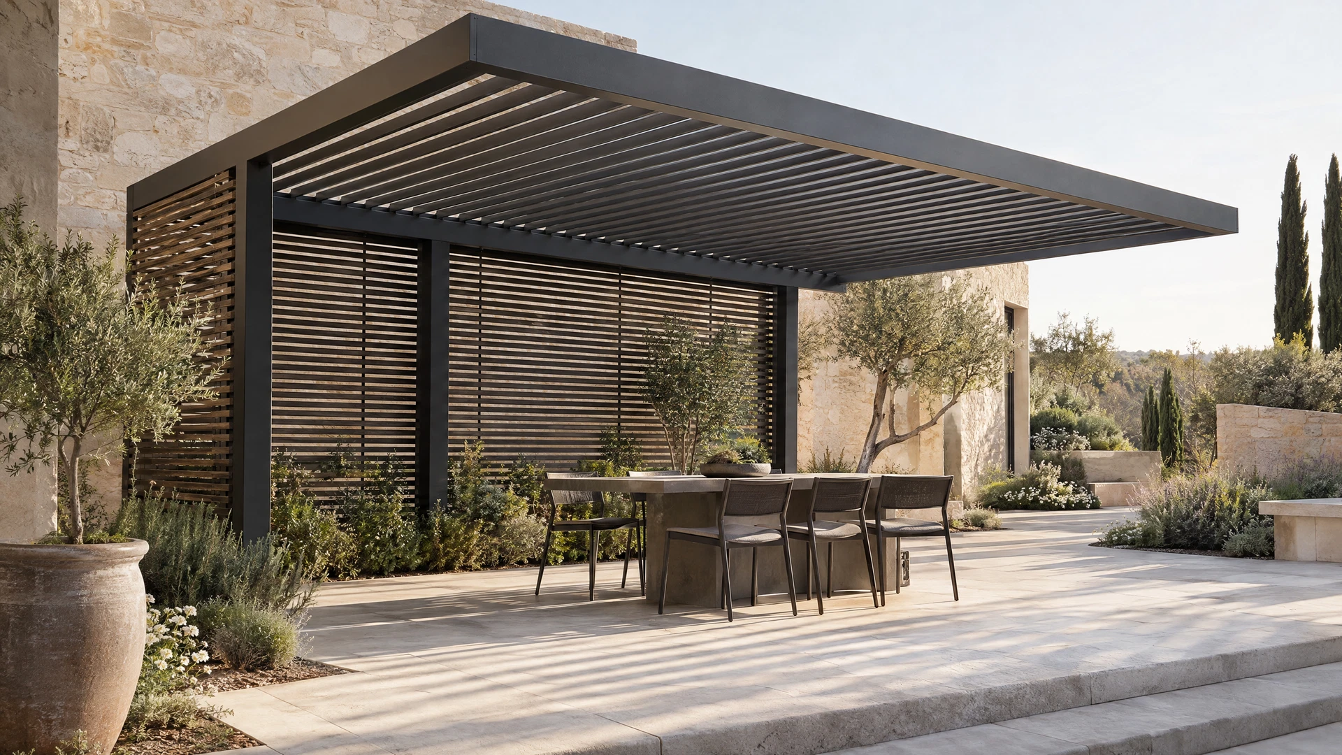 Representative cantilever steel pergola concept with optional side screening