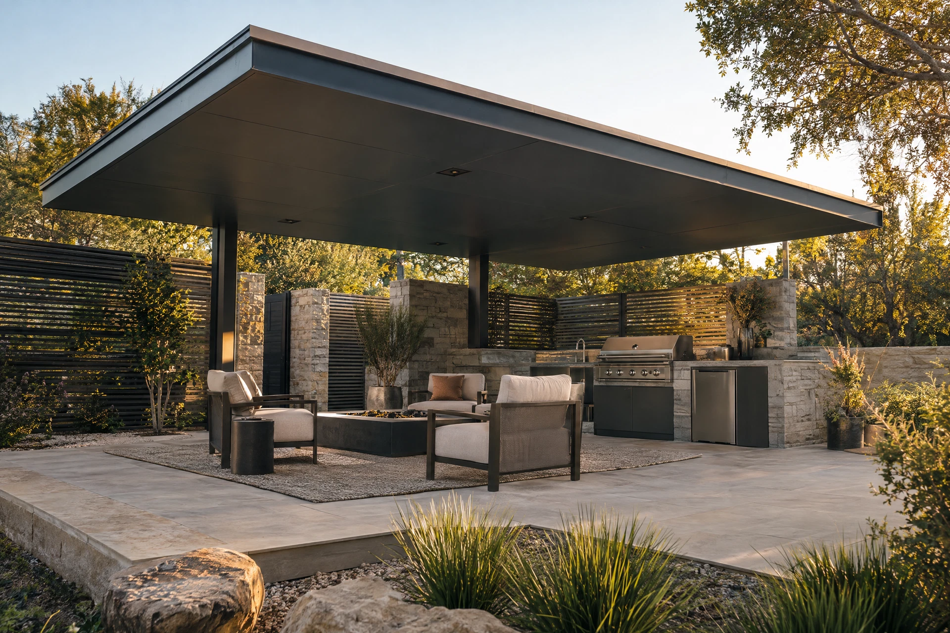 Representative solid-roof cantilever steel pergola concept for outdoor living